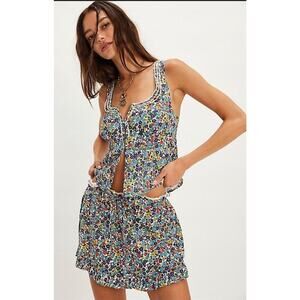 NWT Free People Ellia Primary Floral Smocked Ruffle Set 2pcs Sz M MSRP $148